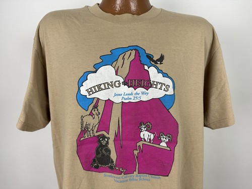 VTG 90s Vacation Bible School T-Shirt Jesus Nature Animals Hiking the Heights - Picture 1 of 15