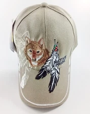 Hat Ball Cap - Native Pride - Tan Khaki - Wolf Feathers Embroidered - Adjustable