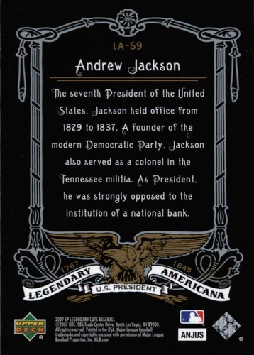 SP Legendary Cuts 2007 Legendary Americana #59 Andrew Jackson SER #/550 BX 50B - Imagen 2 de 2