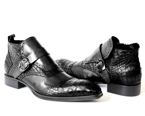 Jo Ghost 3996 italienische schwarze Lederstiefeletten mit Kroko-Print mit Reißverschluss & Schnalle - Bild 2 von 5