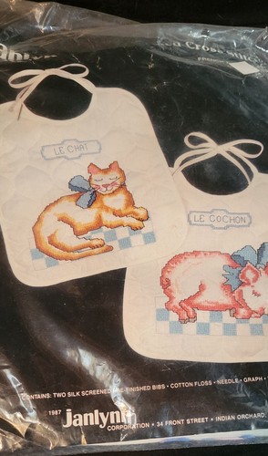 Janlynn Printed Cross Stitch Kit 2 Quilted Baby French Animal Bibs 50-921 NEW - Picture 2 of 3