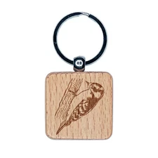 Sweet Downy Woodpecker Bird Engraved Wood Square Keychain Tag Charm