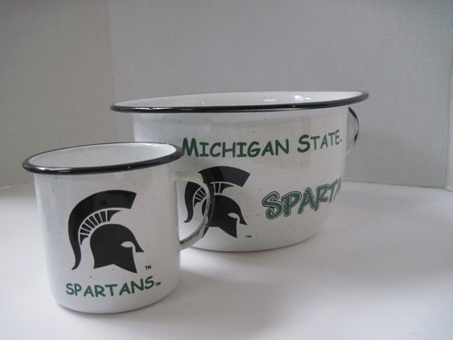 MSU Enamelware LARGE Bowl & Mug Green White Spartans Logo for Camping Vintage - Picture 7 of 13