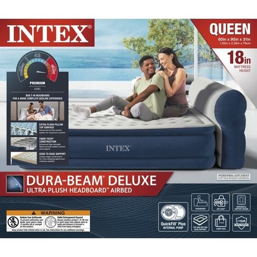 Intex 18" Pillow Top Air Mattress Electric Pump Headboard Queen - Picture 6 of 10