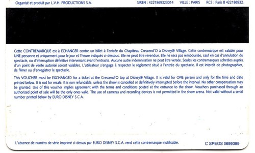 PASS DISNEY SPECTACLE CRESCEND'O EURO DISNEY  /SPEOS - Picture 2 of 2