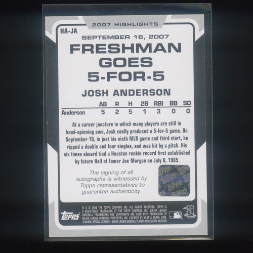 2008 Topps Josh Anderson HA-JA Highlights autógrafo Astros de Houston - Imagen 2 de 2
