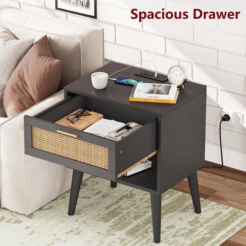 Elegant Rattan Nightstands with Charging Station - Bohemian Bedside Tables - Picture 7 of 10