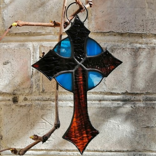 Cross Stained Glass Suncatcher - Handmade Christian Window Panel Memorial Gift - Picture 11 of 11
