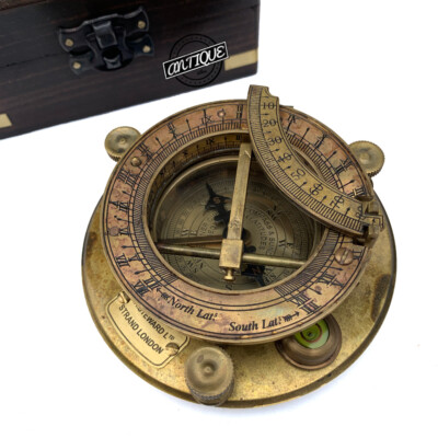 Nautical Brass Compass Sundial with Wood Box Pocket Sailor Gift Table Top Décor