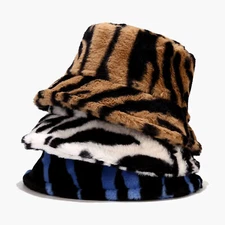 Women Winter Fluffy Plush Bucket Hat Cow Print Warm Faux Fur Fisherman Cap US
