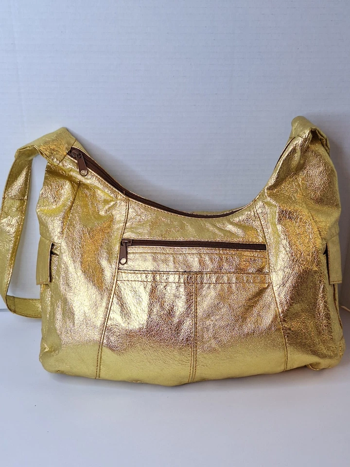Y2K золото металлический из натуральной кожи Hobo сумка через плечо Дамская сумка сумочка 2000 богемное - Изображение 2 из 4