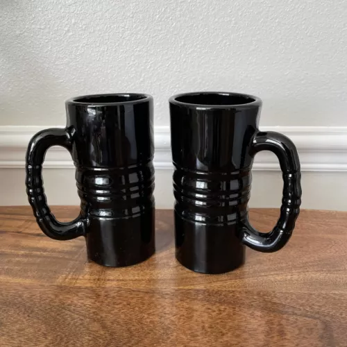 Set Of 2 Vintage Tiara Indiana Black Glass Ribbed Mug Cylinder Stein Tankard