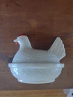 Milk Glass Hen Chicken on Nest Vintage white w/Red Crest Butter Candy Dish 4"