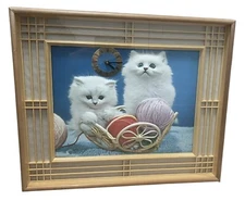 Vintage NOVA RICO Framed Clock Kitty Cat 3D Relief Art Print Italy Kitschy 21”