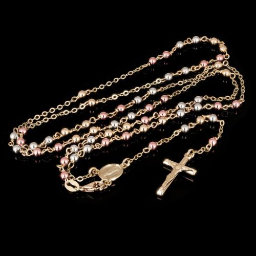 Italian 14k Tri-Color Gold Miraculous Medal Rosary Necklace 24" 3mm 7.4 grams - Picture 3 of 4