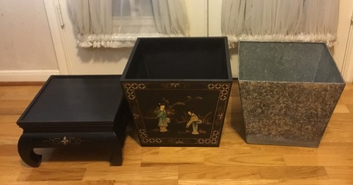 Vintage Chinese Hand Painted Jade Inlay Wood Square Planter w/Stand & Metal Bowl - Picture 3 of 12