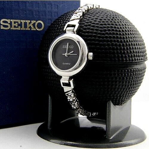 NEW SEIKO 925 STERLING SILVER BLACK DIAL QUARTZ CZ BRACELET WOMEN'S WATCH - Picture 17 of 21
