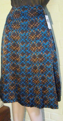 DKNY City Silk Skirt Sz 4 Blue-Brown-Cinnamon Geometric Design ~Below Knee~NWT - Picture 5 of 5