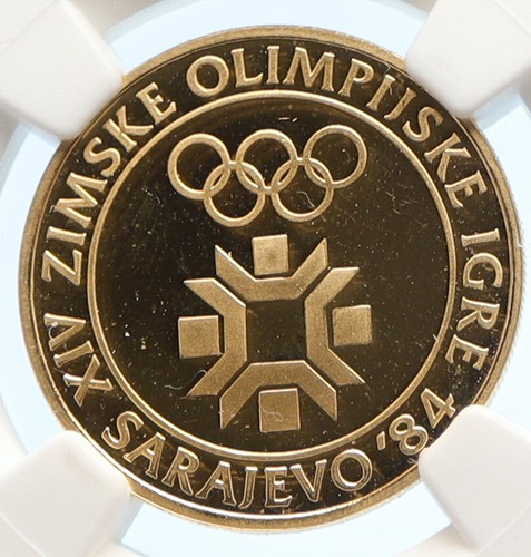 1982 YUGOSLAVIA Sarajevo XIV 1984 Olympic Games LOGO Gold 5000 D Coin NGC i95619 - Picture 2 of 5