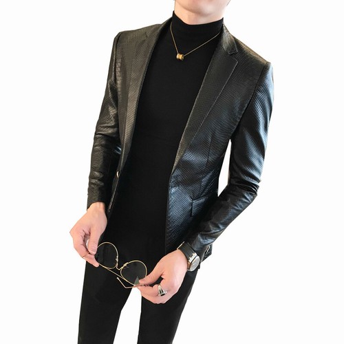 Mens Formal Dress Motorcycle Faux Leather Slim Fit Jacket Blazer Coat Suit M-4XL - Afbeelding 5 van 14