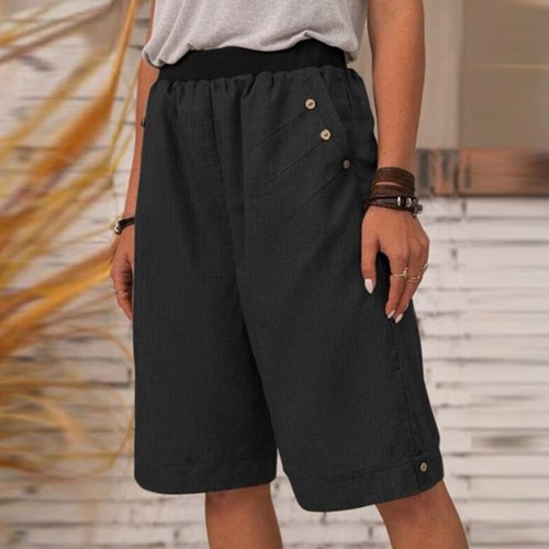 Women Elastic Waist Casual Shorts Cotton Linen Pockets Summer Short Pants+ - Picture 5 of 16