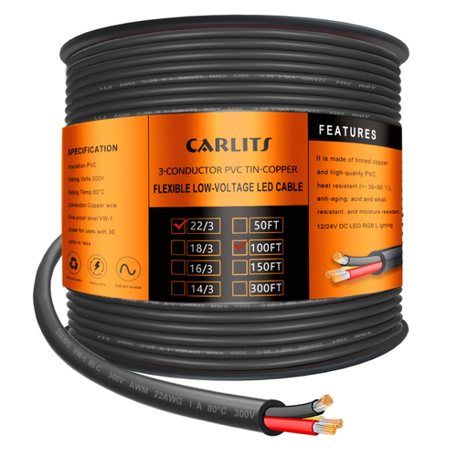 22 Gauge 3 Conductor Electrical Wire, 100FT Black Stranded Low Voltage 22/3 Cabl - Picture 8 of 12