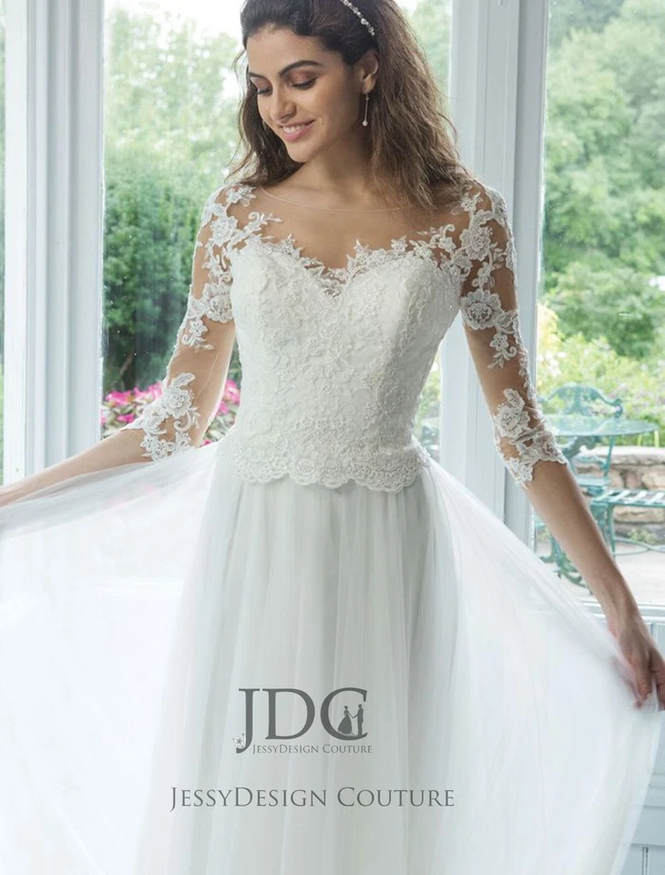 Weiß Tüll Brautkleid Hochzeitskleid Spitze Transparent Krosage m.Ärmel n.Maß Neu - Bild 4 von 4