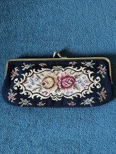Vintage Floral Roses Needlepoint Coin Purse Multicolor Gold Black 1950's