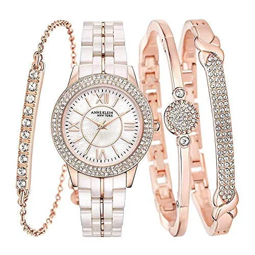 Ladies Anne Klein New York Rose Gold Tone Ceramic Watch & Bangle Set