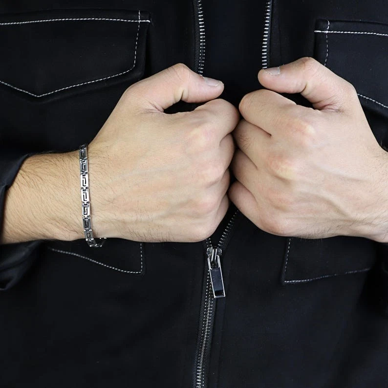 Silver Greek Key Chain Bracelet, Ancient Greek Chain Link Bracelet - Image 3 of 4
