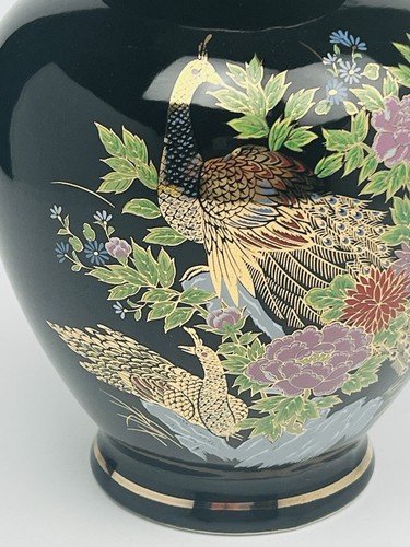 Vintage Black Ginger Jars Peacocks Flowers Floral Gold Trim Japan - Picture 2 of 18