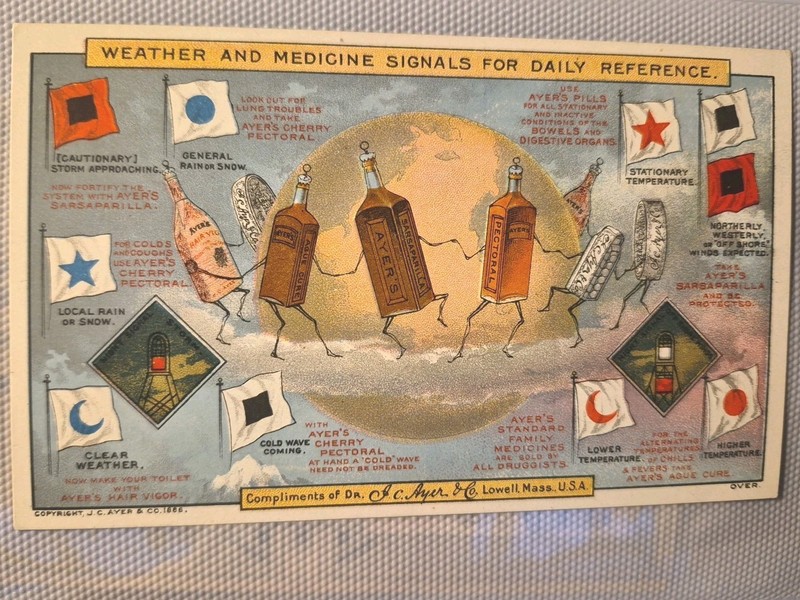1886 Ayer's Weather and Medicinal Symbols trade card Dancing Medicinal Bottles