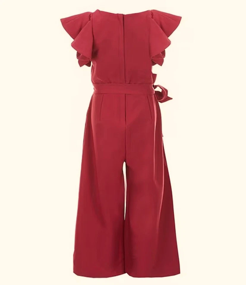 NWOT GB Gianni Bini Tie Front Tiered Ruffle Sleeve Jumpsuit Mulberry Red Girl 12 - Image 2 of 4