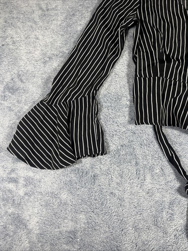 Three Dots Wrap Blouse Women's Size M Black w/ White Stripes Bell Sleeves USA - Picture 5 of 18