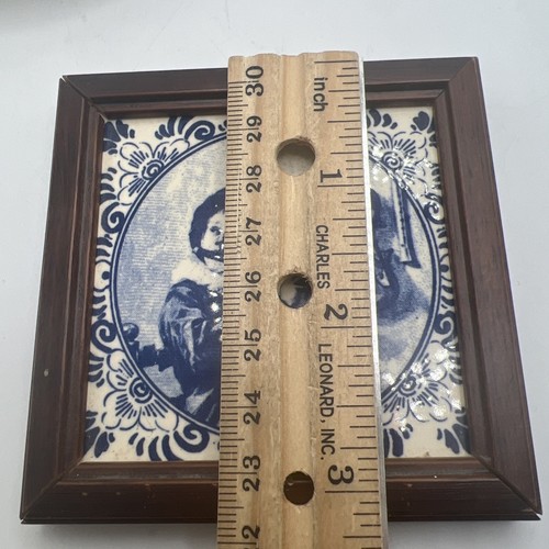 Delft Blue Ceramic Tile Wood Framed 3”.5 X3”.5 Boy Playing Flute - Picture 2 of 4
