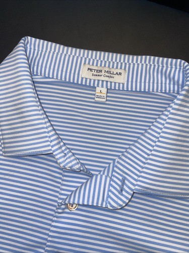 Petter Millar Large Summer Comfort Polo Golf Shirt Blue Stripe 1927 Crest - Picture 2 of 15