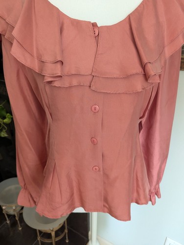 Vintage 80er/90er Jahre Damen Medium Seide Rüschen Volant Kragen Knopfleiste Rosa Kokette - Bild 4 von 11