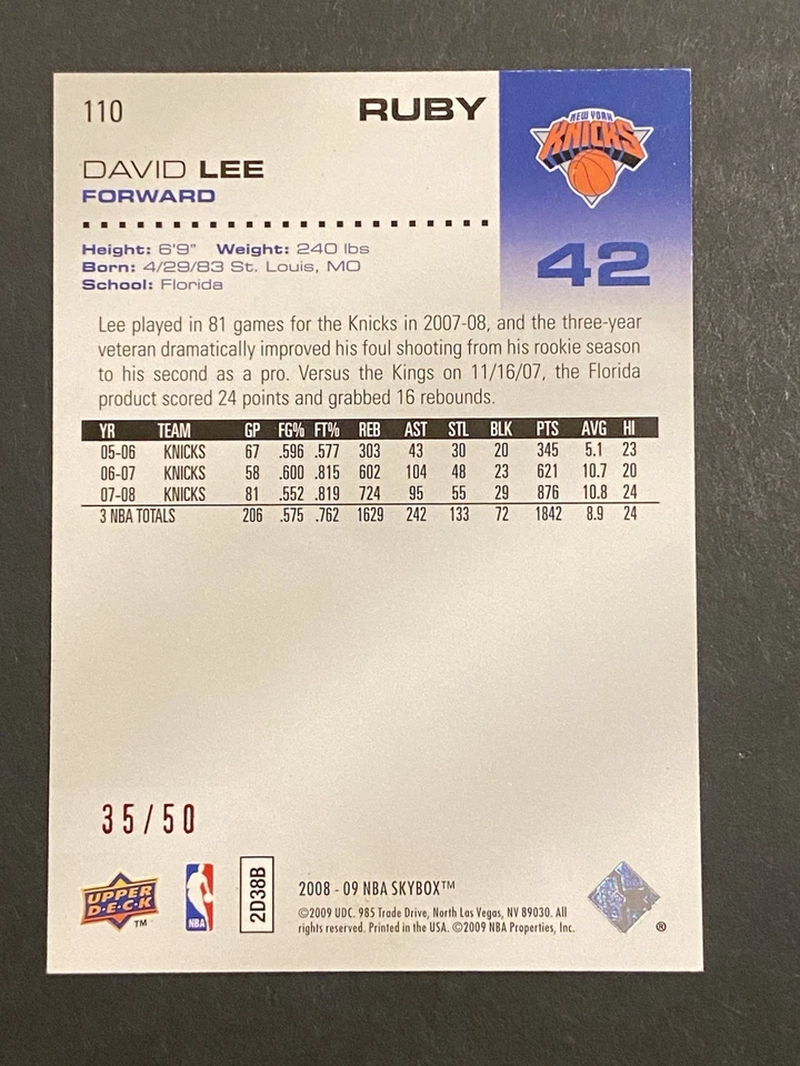 Skybox #110 2008-09 David Lee Ruby/50 New York Knicks Foto 2 de 2