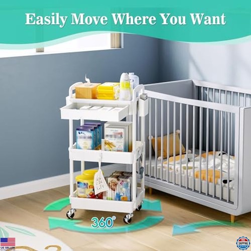 3-Tier Rolling Cart with Drawer, Lockable Wheels, Storage for Bathroom, Kitchen - Picture 4 of 6