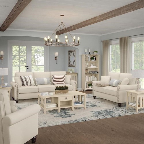 Coventry 61W Small Living Room Loveseat in Cream Herringbone Fabric - Picture 3 of 8