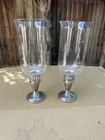 Pair Reed & Barton Sterling Silver Weighted Etched Hurricane Glass Candle Holder