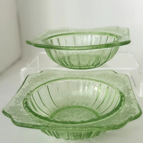 2 Adam Uranium Green Depression Pattern Glass Square Bowls Floral Ribbed 1930s