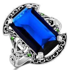 10CT Treated Blue Sapphire  Emerald 925 Sterling Silver Art Deco Ring Sz 6 US3