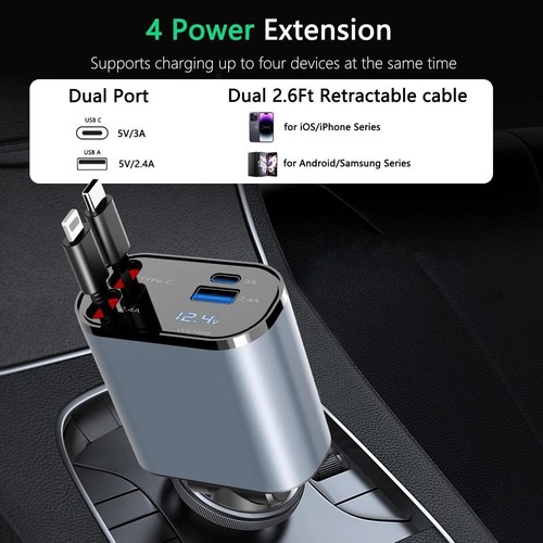 Chargeur Voiture Rétractable 4 en 1 Chargeur Téléphone Voiture Rapide 120W avec Câble USB Type C - Photo 20 sur 24