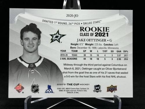2020-21 UD The Cup Rookie Class of 2021 Jake Oettinger # 209/249 2020-JO - Picture 2 of 2