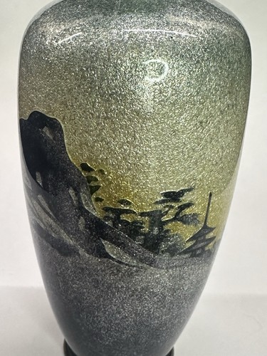 Japanese Meiji Cloisonne Vase Hattori Mark Ginbari Foil Gray Gold Pagoda Scene - Picture 13 of 13