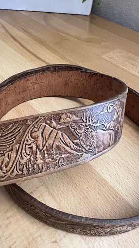 Brown Tooled Leather Belt Strap Deer Eagle Forest Mount Wildlife Hunting Mens - Picture 4 of 13