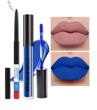 Matte Liquid Lipstick Set 2Pc Royal Blue w/Lip Liner Waterproof Long Lasting 24H
