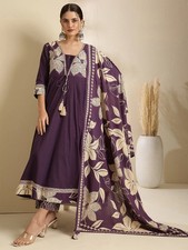 Indian Women Cotton Purple  Beige Printed Anarkali Kurta with Trouser  Dupatta
