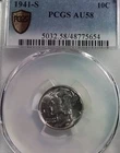 1941 S  Mercury Dime,  PCGS Gold Shield Graded AU 58